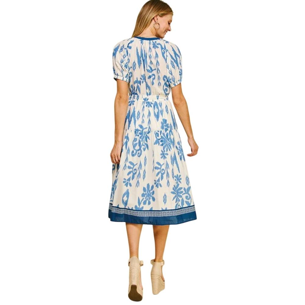 Pinch Coastal Comfort Blue White Floral Ikat Midi Dress Tassel Waist Size M NWT - Picture 2 of 8